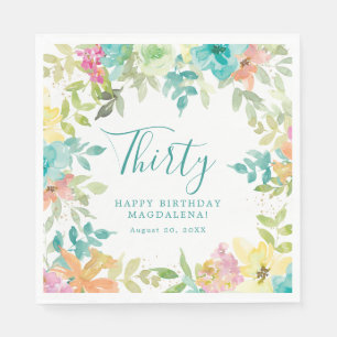 Summer Watercolor Floral Custom 30th Birthday Napkin