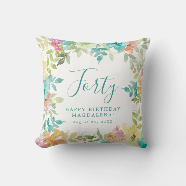 Summer Watercolor Floral Custom 40th Birthday Cushion (Front)