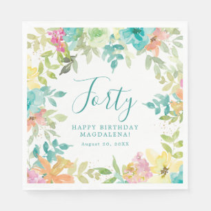 Summer Watercolor Floral Custom 40th Birthday Napkin