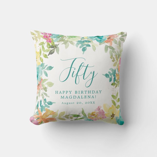 Summer Watercolor Floral Custom 50th Birthday Cushion (Front)