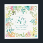 Summer Watercolor Floral Custom 50th Birthday Napkin<br><div class="desc">New for Summer 2024. Modern and colourful summer floral watercolor features pink,  turquoise blue,  yellow and orange flowers. They form rustic,  boho chic,  botanical frame around your birthday wishes. This item is part of the Summer Watercolor Floral collection. It contains professionally designed invitation templates,  welcome signs and party decorations.</div>