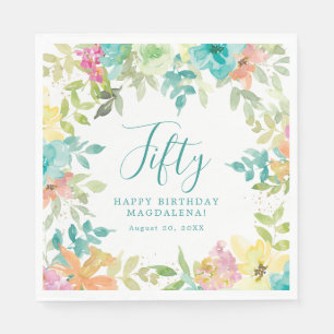 Summer Watercolor Floral Custom 50th Birthday Napkin