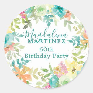 Summer Watercolor Floral Custom 60th Birthday Classic Round Sticker