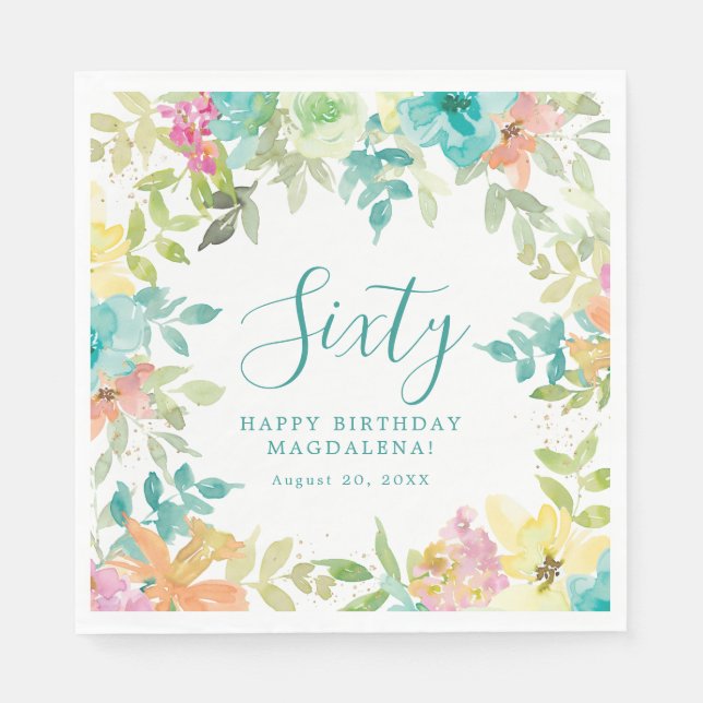 Summer Watercolor Floral Custom 60th Birthday Napkin (Front)