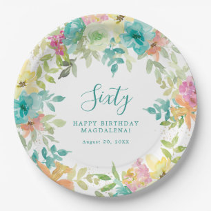 Summer Watercolor Floral Custom 60th Birthday Paper Plate