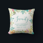 Summer Watercolor Floral Custom 70th Birthday Cushion<br><div class="desc">New for Summer 2024. Modern and colourful summer floral watercolor features pink,  turquoise blue,  yellow and orange flowers. They form rustic,  boho chic,  botanical frame around your birthday wishes. This item is part of the Summer Watercolor Floral collection. It contains professionally designed invitation templates,  welcome signs and party decorations.</div>