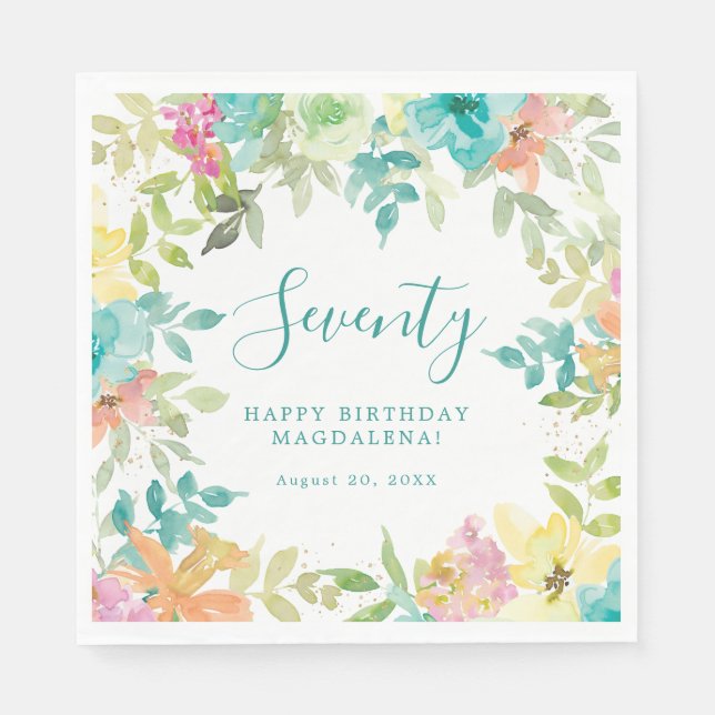Summer Watercolor Floral Custom 70th Birthday Napkin (Front)