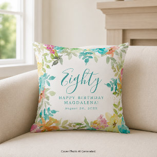 Summer Watercolor Floral Custom 80th Birthday Cushion