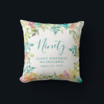 Summer Watercolor Floral Custom 90th Birthday Cushion<br><div class="desc">New for Summer 2024. Modern and colourful summer floral watercolor features pink,  turquoise blue,  yellow and orange flowers. They form rustic,  boho chic,  botanical frame around your birthday wishes. This item is part of the Summer Watercolor Floral collection. It contains professionally designed invitation templates,  welcome signs and party decorations.</div>
