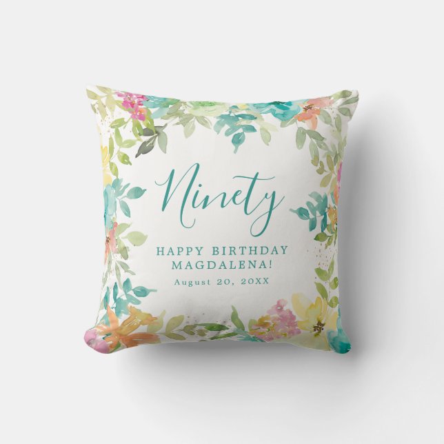 Summer Watercolor Floral Custom 90th Birthday Cushion (Front)