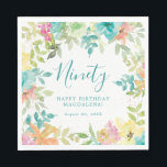 Summer Watercolor Floral Custom 90th Birthday Napkin<br><div class="desc">New for Summer 2024. Modern and colourful summer floral watercolor features pink,  turquoise blue,  yellow and orange flowers. They form rustic,  boho chic,  botanical frame around your birthday wishes. This item is part of the Summer Watercolor Floral collection. It contains professionally designed invitation templates,  welcome signs and party decorations.</div>