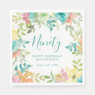 Summer Watercolor Floral Custom 90th Birthday Napkin
