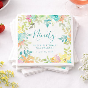 Summer Watercolor Floral Custom 90th Birthday Napkin