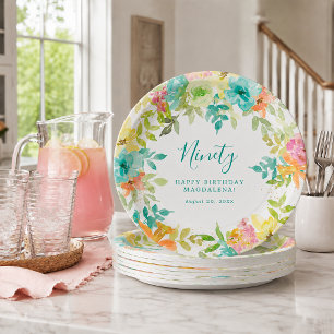 Summer Watercolor Floral Custom 90th Birthday Paper Plate