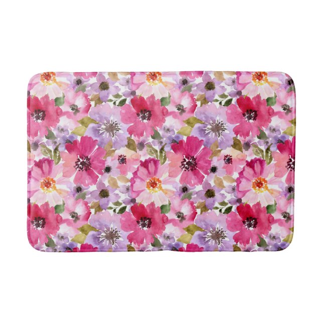 Summer Watercolor Floral Pattern Bath Mat (Front)