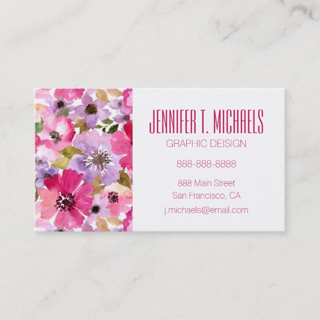 Summer Watercolor Floral Pattern Business Card (Front)