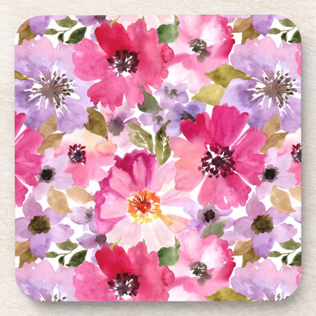 Summer Watercolor Floral Pattern Coaster (Front)