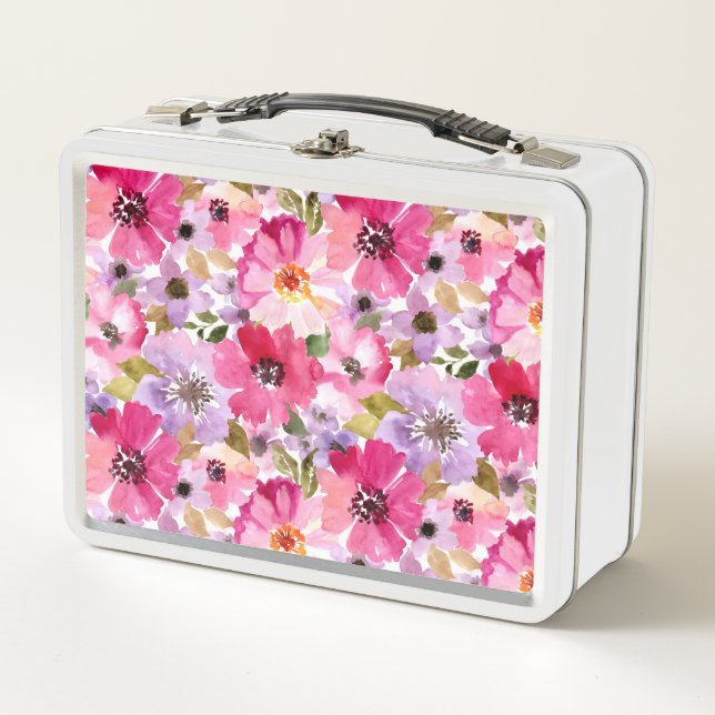Summer Watercolor Floral Pattern Metal Lunch Box (Front)
