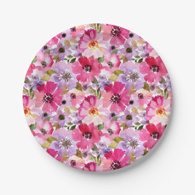 Summer Watercolor Floral Pattern Paper Plate (Front)