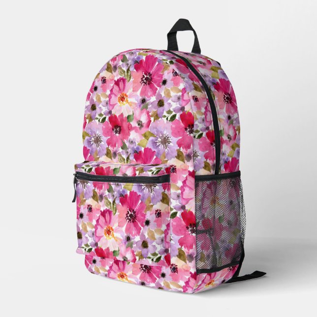 Summer Watercolor Floral Pattern Printed Backpack (Back Corner Right)