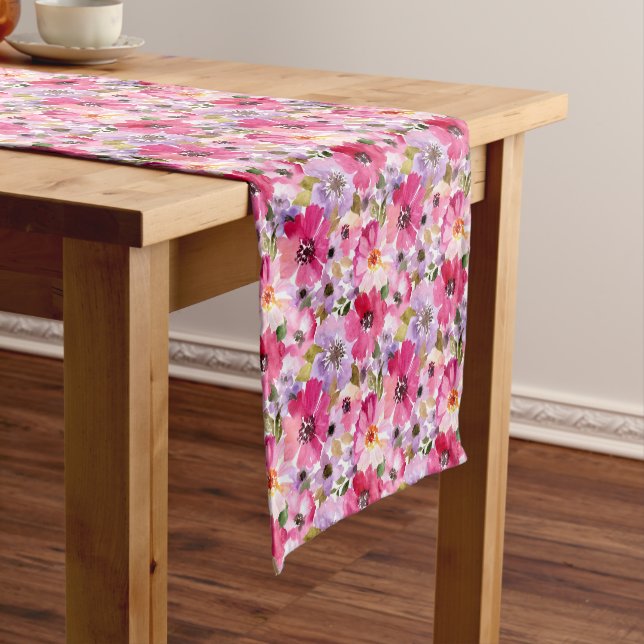 Summer Watercolor Floral Pattern Short Table Runner (In Situ)