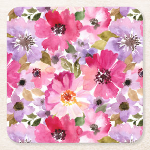 Summer Watercolor Floral Pattern Square Paper Coaster