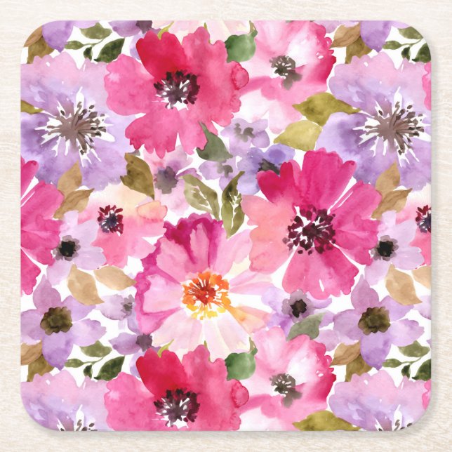 Summer Watercolor Floral Pattern Square Paper Coaster (Front)