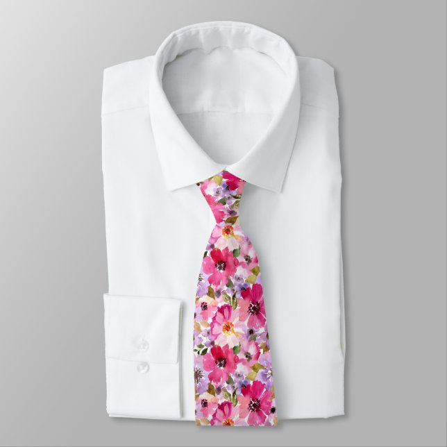 Summer Watercolor Floral Pattern Tie (Tied)