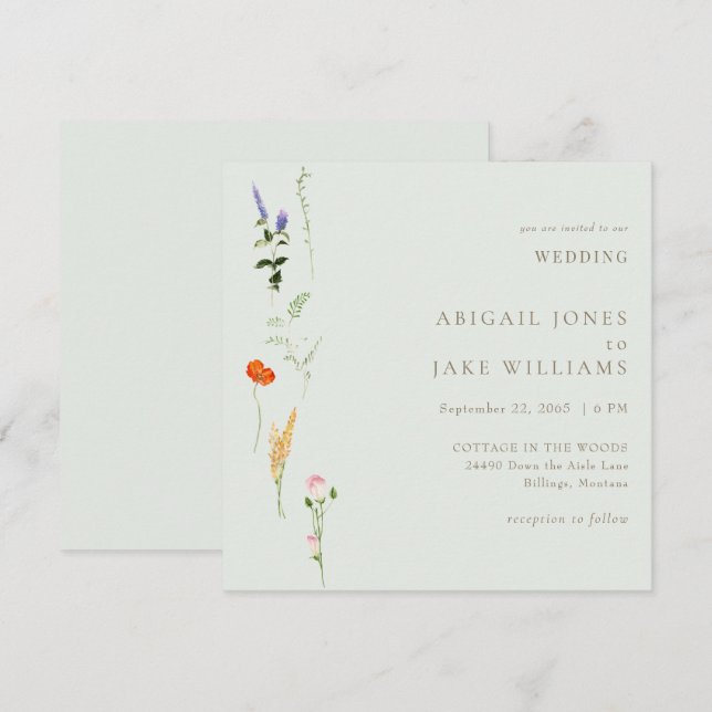Summer Watercolor Floral Sage Square Wedding Invitation (Front/Back)