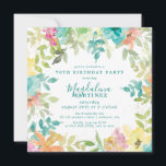 Summer Watercolor Floral Square 70th Birthday Invitation<br><div class="desc">New for Summer 2024. Modern and colourful summer floral watercolor features pink, turquoise blue, yellow and orange flowers. They form rustic, boho chic, botanical frame around your birthday party details. This item is part of the Summer Watercolor Floral collection. It contains professionally designed invitation templates, welcome signs and party decorations....</div>