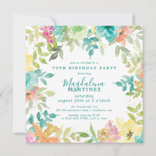 Summer Watercolor Floral Square 70th Birthday Invitation