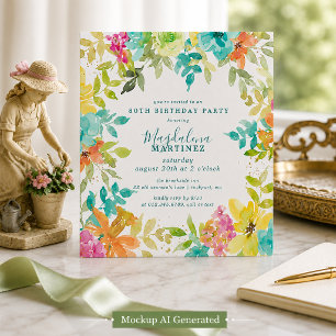 Summer Watercolor Floral Square 80th Birthday Invitation