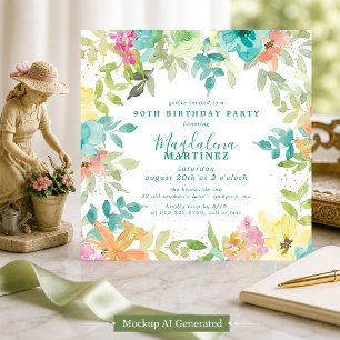 Summer Watercolor Floral Square 90th Birthday Invitation