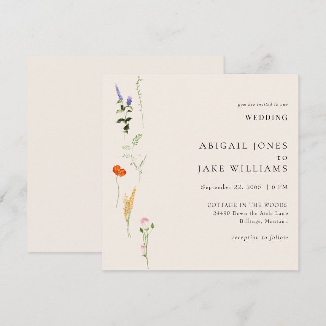 Summer Watercolor Floral Square Wedding Invitation (Front/Back)