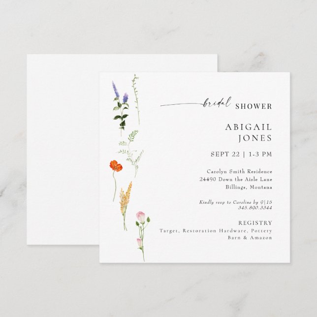 Summer Watercolor Floral White Bridal Shower Invitation (Front/Back)