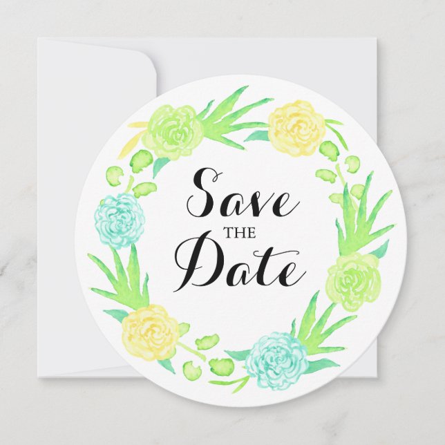 Summer Watercolor Floral Wreath Save the Date (Front)
