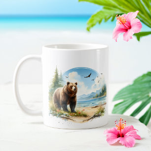 Summer Watercolor Grizzly Bear on the beach Coffee Mug