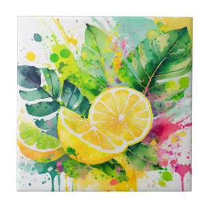 Summer Watercolor Juicy Lemons Paint Splashes Tile