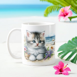Summer Watercolor Kitten on the beach Coffee Mug