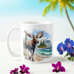 Summer Watercolor Moose on the beach Coffee Mug