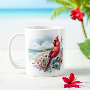 Summer Watercolor Northern cardinal on the beach Coffee Mug