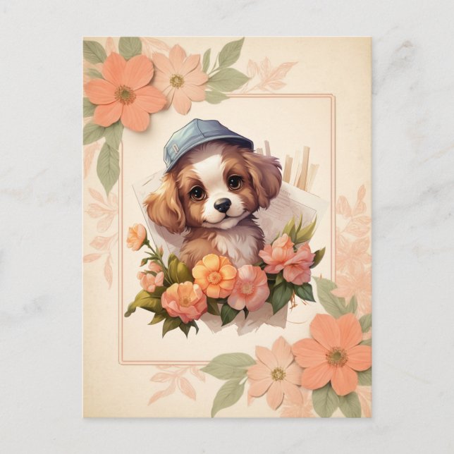Summer Watercolor Puppy - Floral Frame - Postcard (Front)