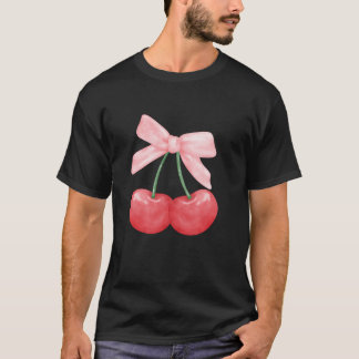 Summer Watercolor Red Cherries Coquette With Pink T-Shirt