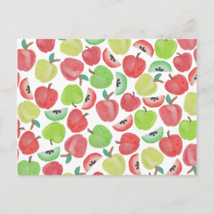 Summer watercolor red green apples fruit pattern postcard