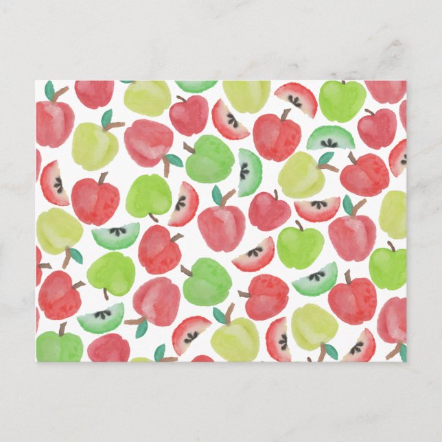Summer watercolor red green apples fruit pattern postcard (Front)