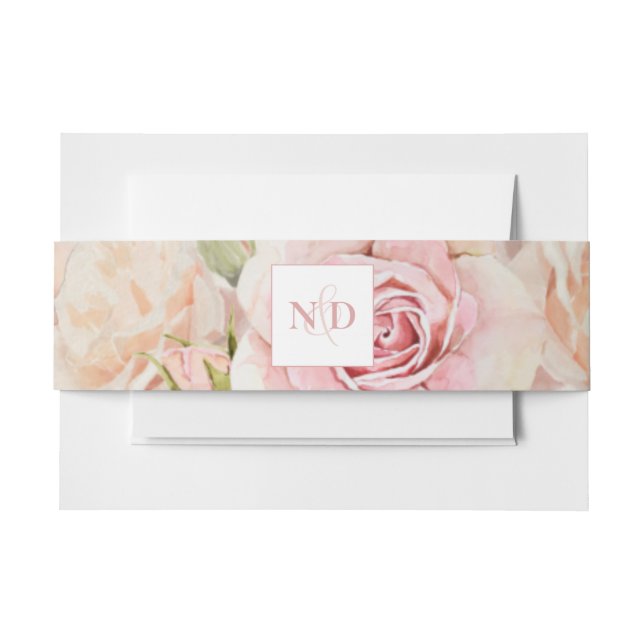 Summer Watercolor Roses Pink Blush Invitation Belly Band (Front Example)