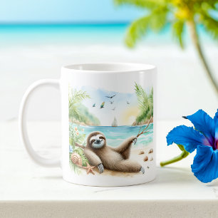 Summer Watercolor Sloth on the beach Coffee Mug