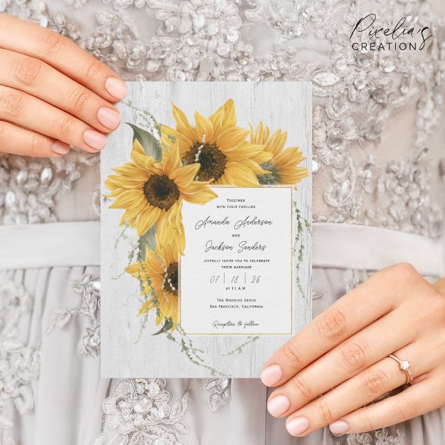 Summer watercolor sunflower, rustic barn wedding invitation (Rustic, watercolor sunflower themed, Wedding invitation for country, barn wedding on summer or fall)