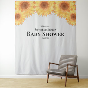Summer Watercolor Sunflowers Baby Shower Backdrop Tapestry