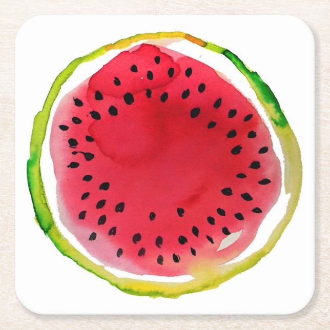 Summer Watercolor Watermelon Square Paper Coaster (Front)